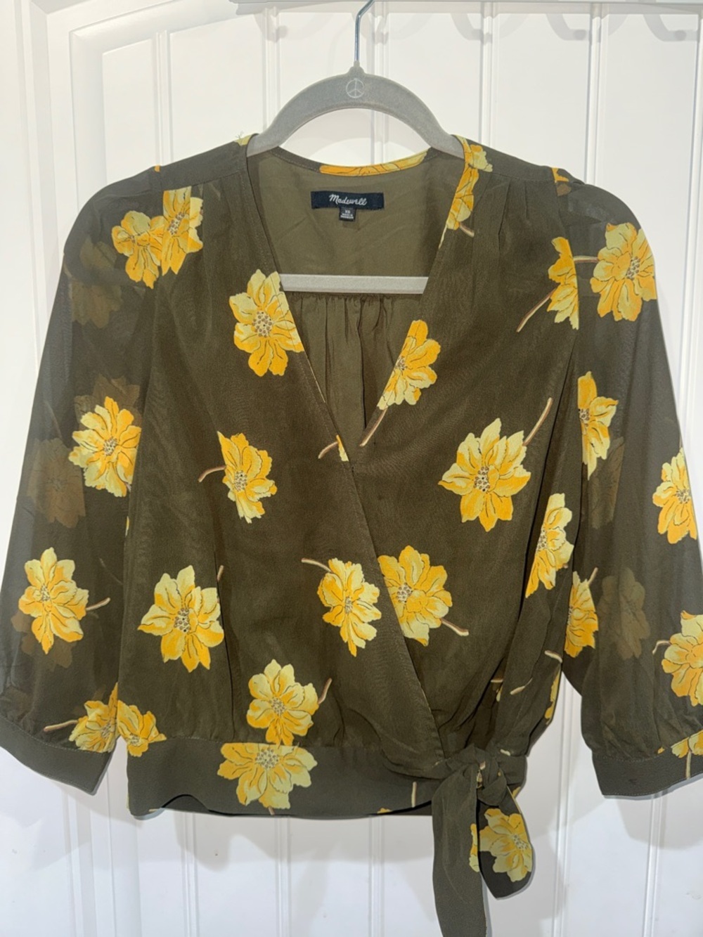 Madewell Olive Wrap Blouse with Yellow Floral Print